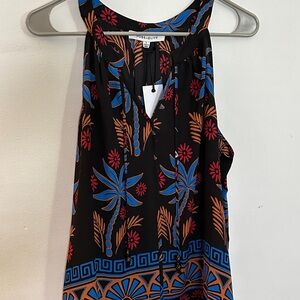 Rose & Olive Black Tank Top with Blue and Orange Floral Patterns
